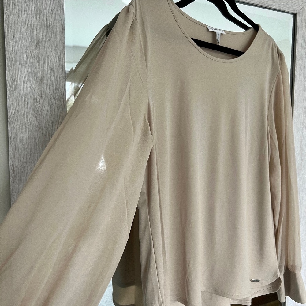 Calvin Klein Blouse, Sheer sleeves, stretchy jersey, tan, Large